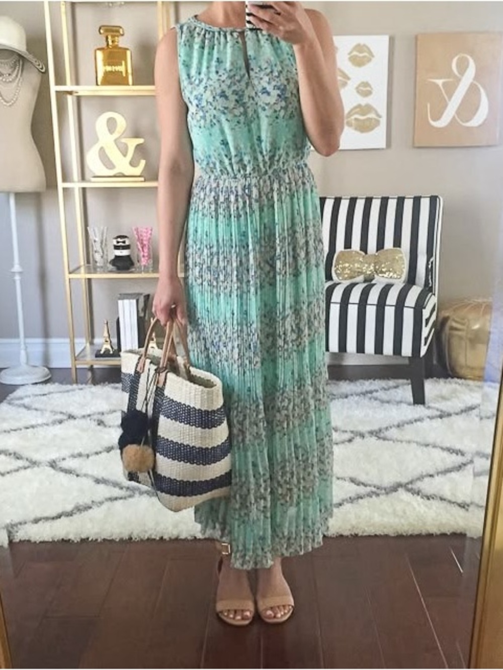 Preowned Maison Jules Sleeveless Mint Floral Pleated Maxi Dress